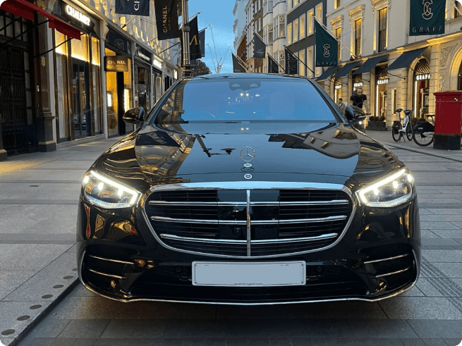 Front view of a black Mercedes-Benz S-Class in London