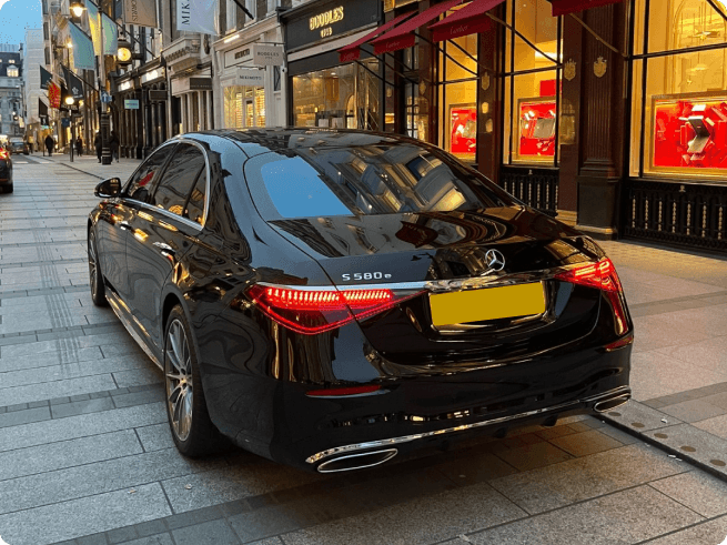 Rear view of a black Mercedes-Benz S-Class in London