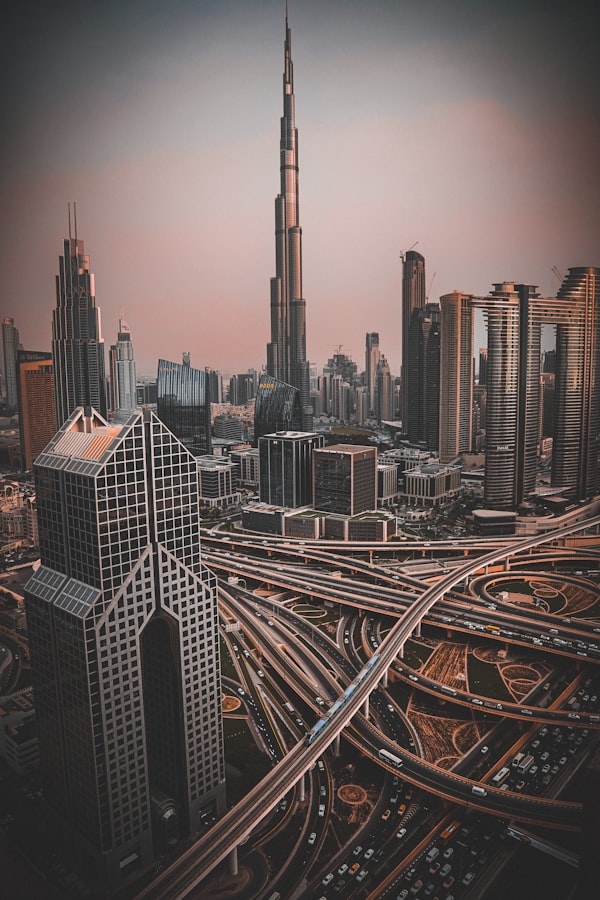 Burj Khalifa and Dubai skyline aerial view